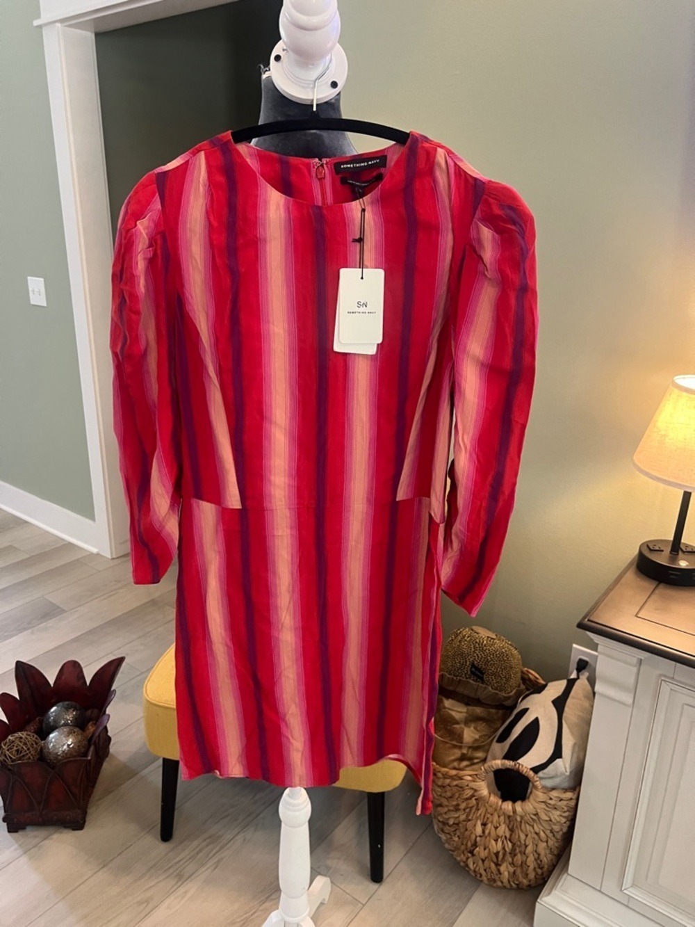 Something Navy Red and Pink Striped Long Sleeve Dress